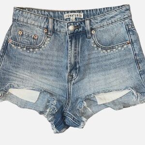 Signature Distressed Light Blue Denim Shorts with Stud Accents